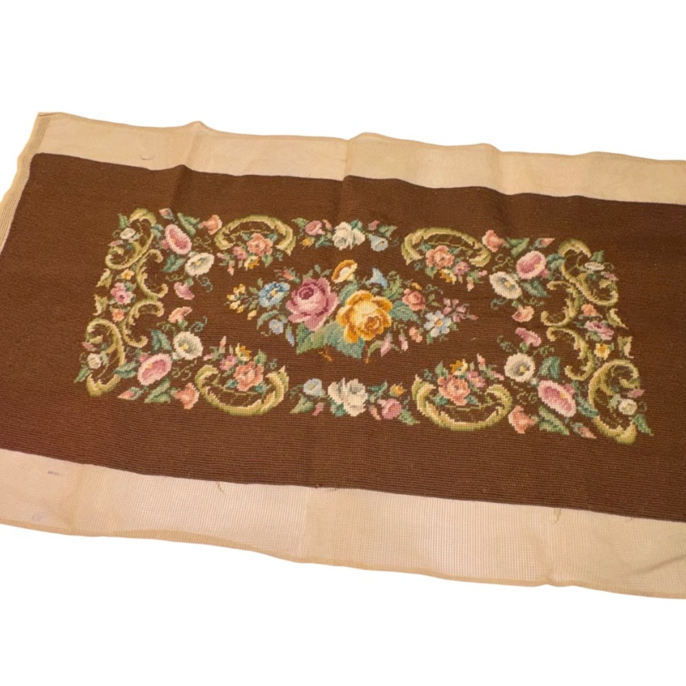 22” x 39” vintage handmade needlepoint tapestry floral bench panel upholstery - Picture 5 of 12